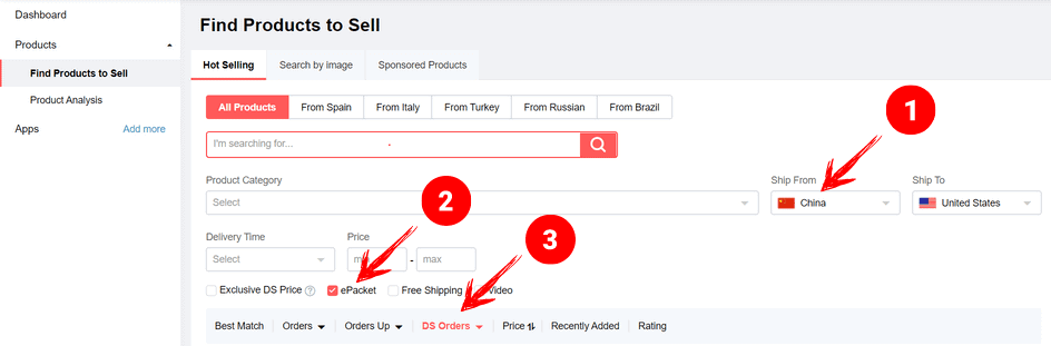 AliExpress DS Center 篩選設定