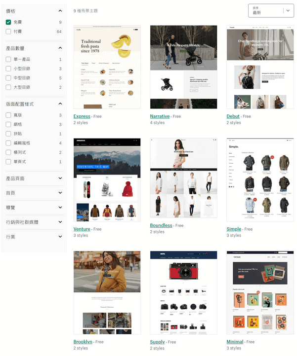 Shopify 目前只有 9 個免費佈景主題