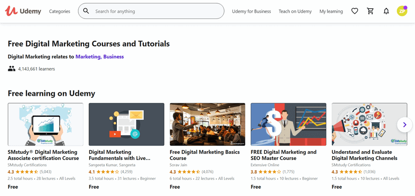 Udemy 平臺上有海量的免費網路行銷課程