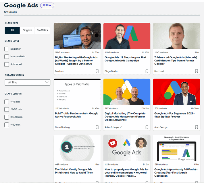 Skillshare 還有其他導師開設的 Google 廣告投放課程等著大家去挖掘。