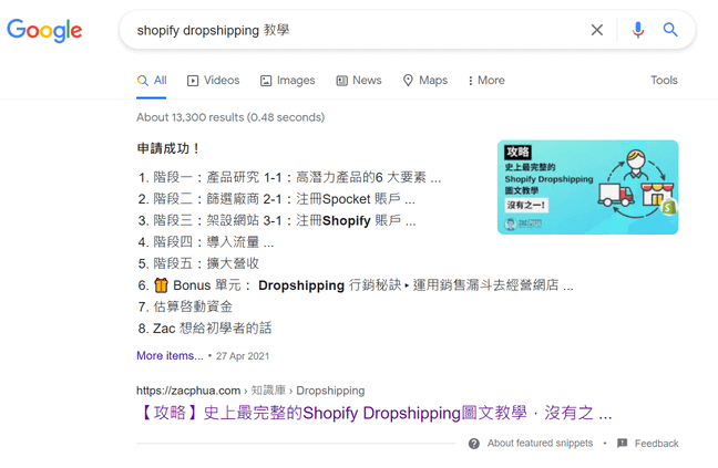 文章贏得了主打關鍵字的精選摘要