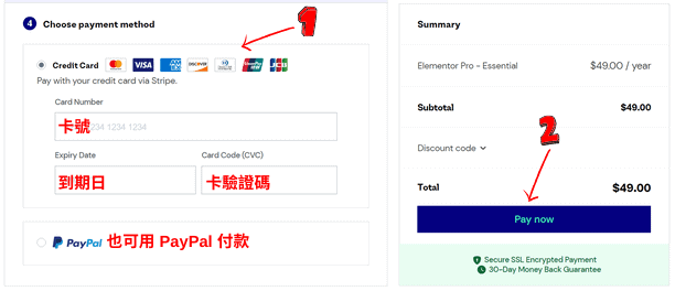 購買 Elementor Pro教學：進行付款