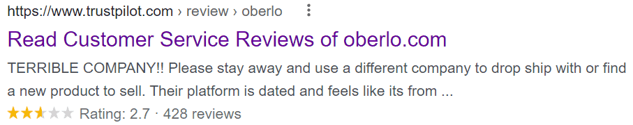 Oberlo 的客服協助品質在 Trustpilot 上的評價不是很好